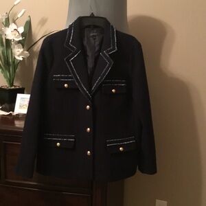 Talbots Navy Tweed Blazer with Gold Accents